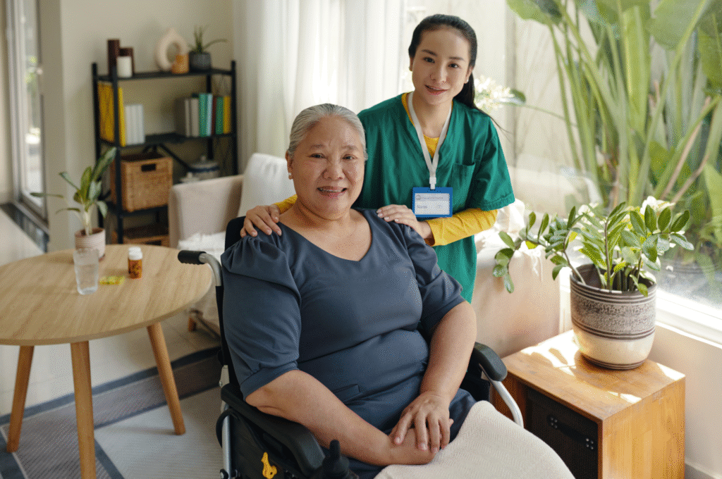 A home care worker helping a family providing respite care.